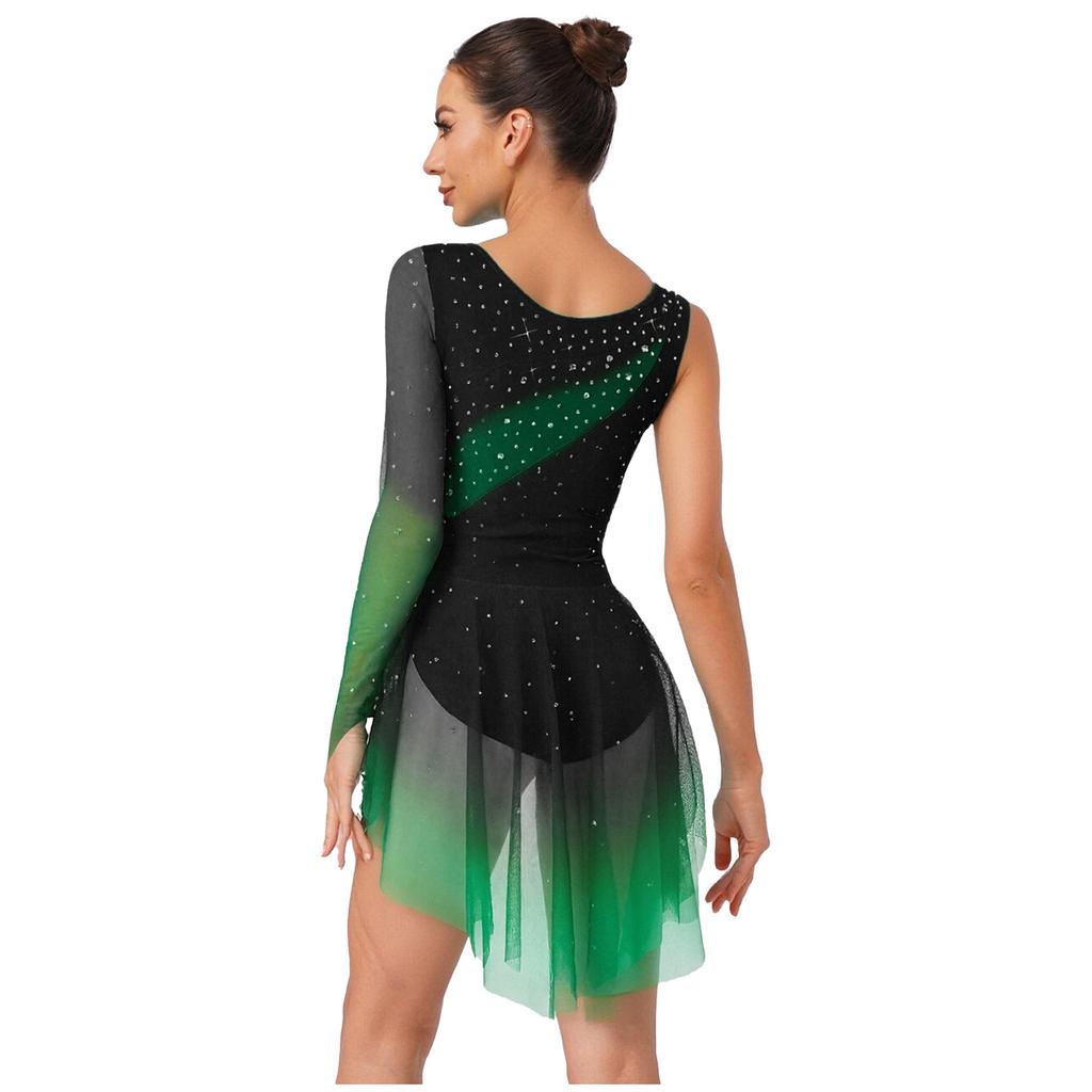Damen Gradient Leotard Kleid Langarm Ärmellos Strasssteine Unregelmäßiger Netzsaum Eiskunstlauf Ballett Body