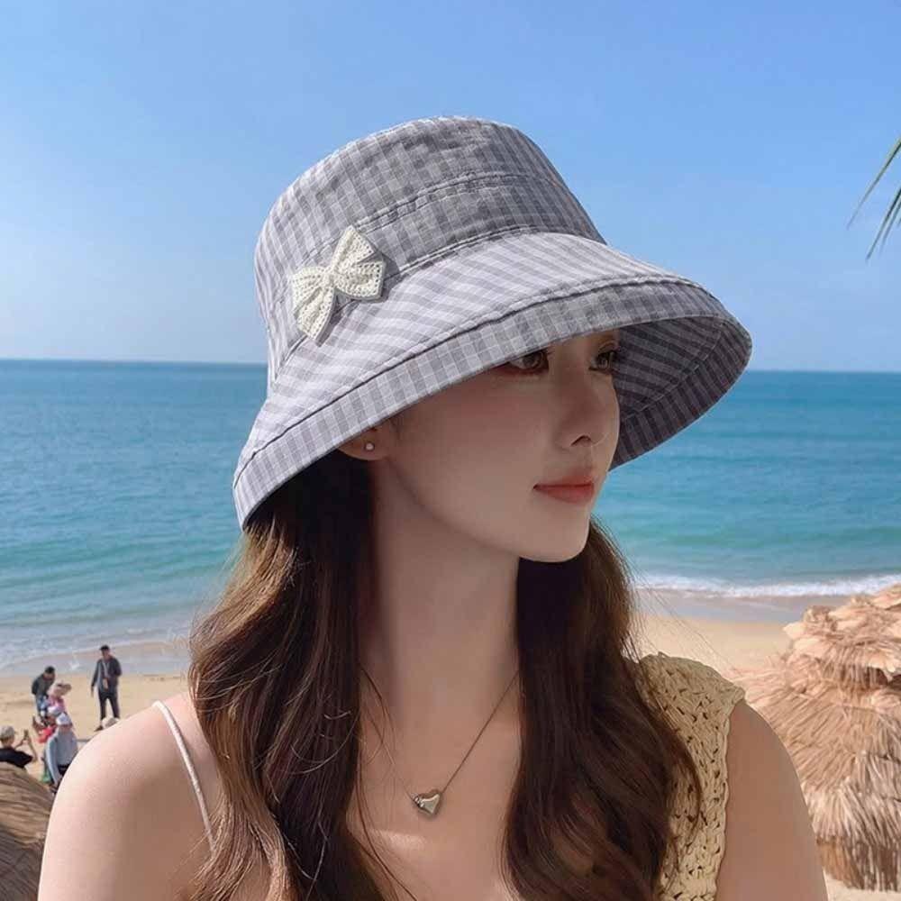 Wide Brim Women Bow Fisherman Hat Checkered Pattern Breathable Bucket Hat Plaid Pattern Windproof Sun Protection Hat Outdoor