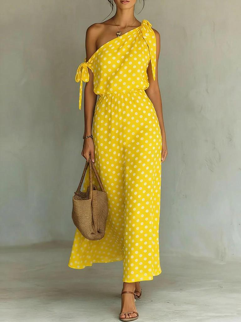 2026 European & American Style Women's Off-the-Shoulder Sleeveless Polka Dot Casual Dress