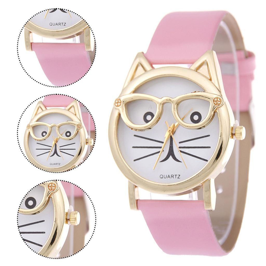 Ladies Watch Wear Glasses Cat Dial Belt Ladies Quartz Watch
