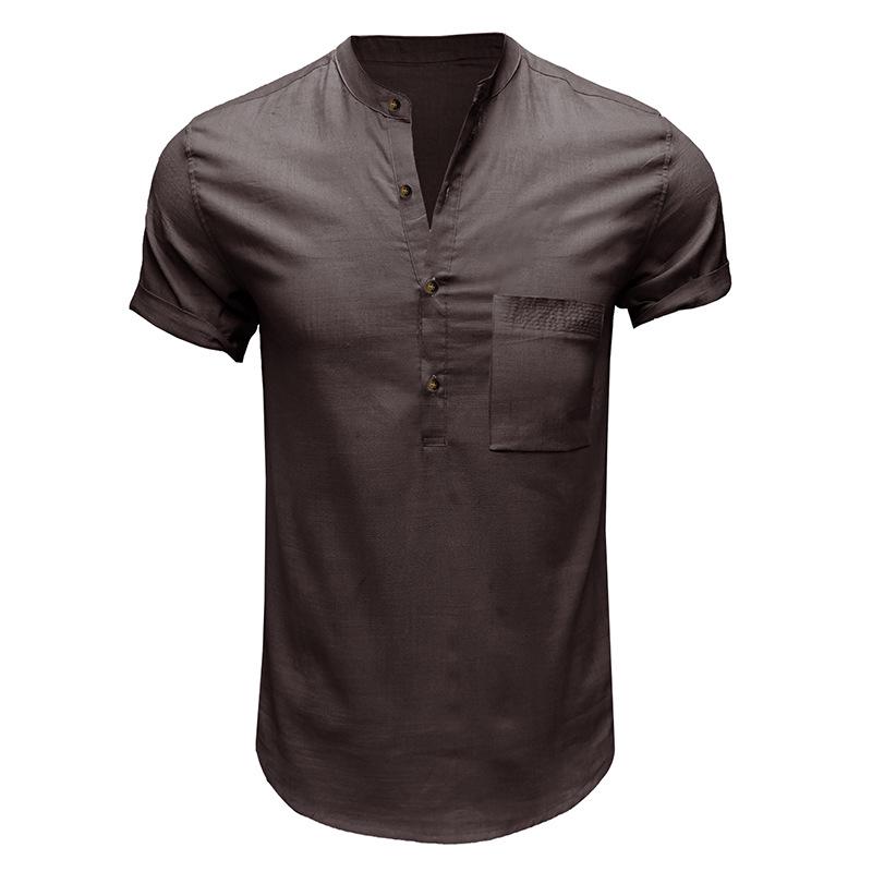 Men's Solid Color Cotton Linen Henley Pocket Shirt, Short-Sleeved