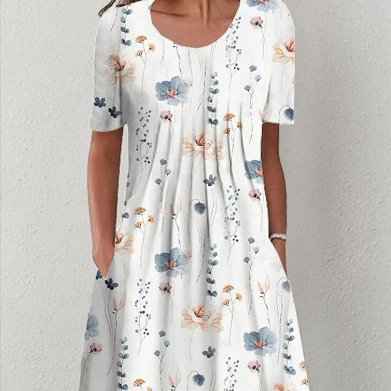 Spring and Summer Floral Print Crew Neck Pocket Women's Fashion Casual Crew Neck Trend Print Medium and Long Dress