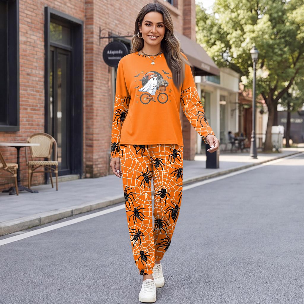 Women's Casual Sweatshirt and Jogger Set with Halloween Print, Round Neck, Loose Fit, Chest Pocket