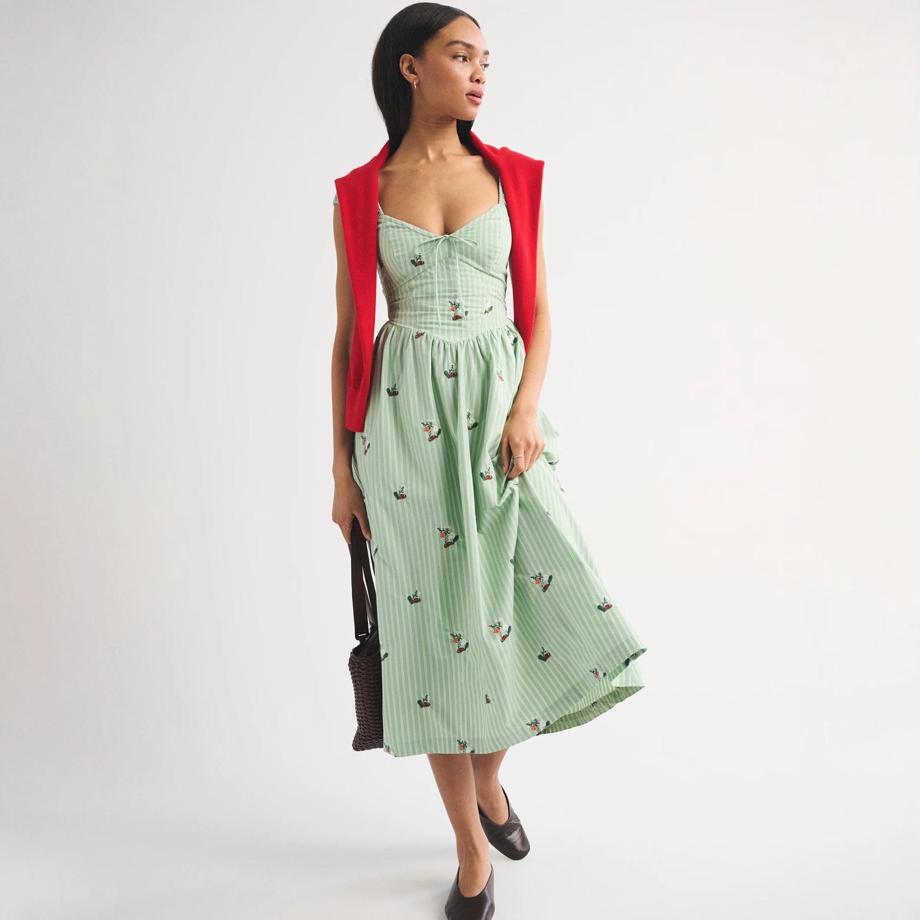 French fresh green and white striped square neck waist medium length dress bow thin temperament holiday style A-shaped skirt XS