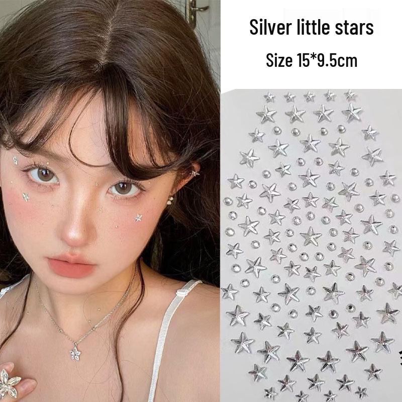 Concert Face Stickers: Five-Pointed Star, Blue Heart, Bowknot, Glue-Free Rhinestones for Makeup