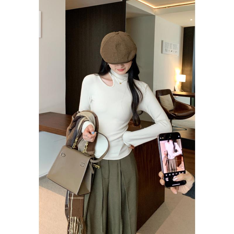 In Stock: Women's White Semi-High Neck Hollow Out Slim Fit Long Sleeve T-Shirt for Autumn/Winter 2026