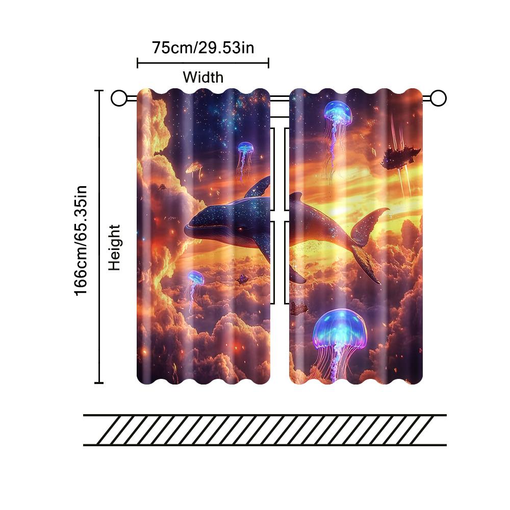 Filtering Curtains Excluding Rods Non Movable Without Batteries Charming Flying Whales Jellyfish Use Set Of 2 Made Polyester