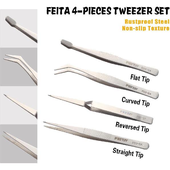 FEITA Professional Craft Tweezers Stainless Steel Precision Tweezer Set for Hobby, Electronics, Model Making, Jewelry Picking Tool - 4 Pieces