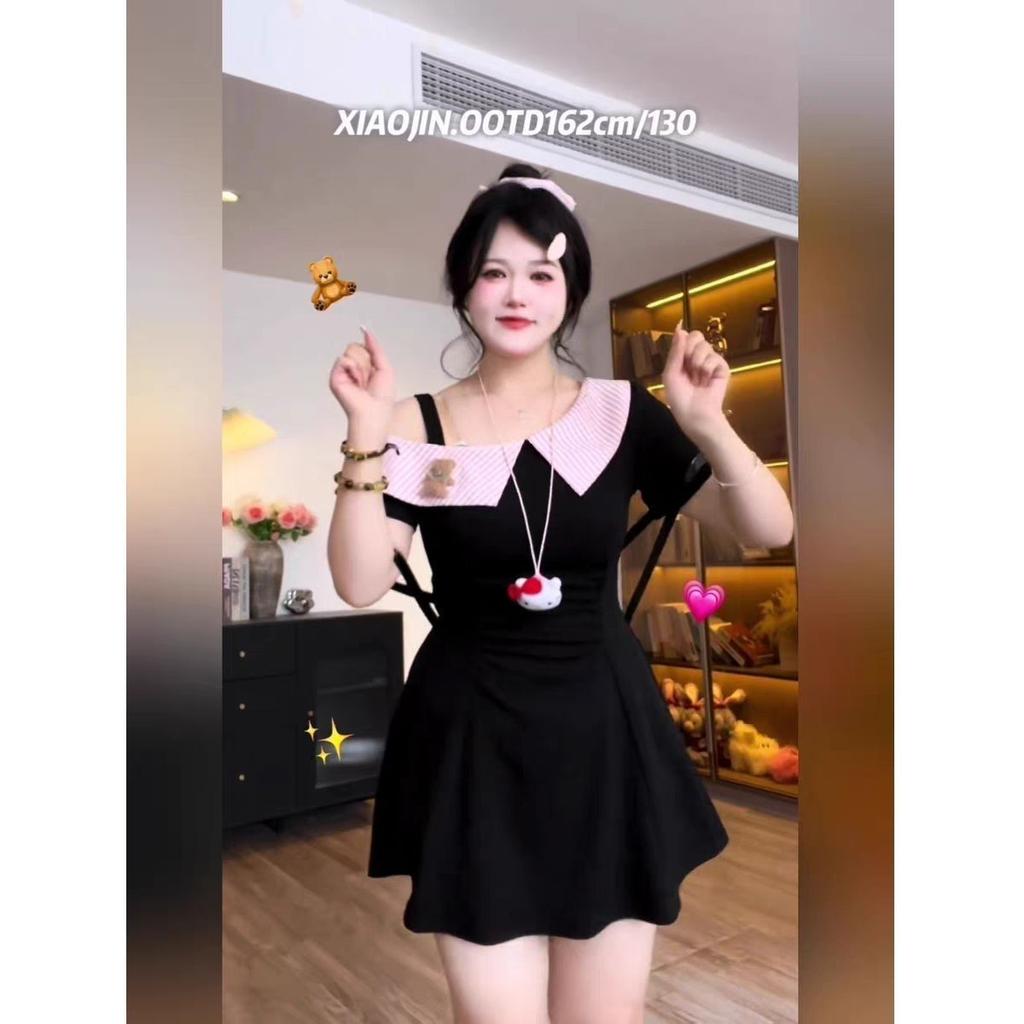 Large Size French Temperament Dress Summer Short Sleeves Fat Mm Thin Waist Lapel Off Shoulder High-end Skirt