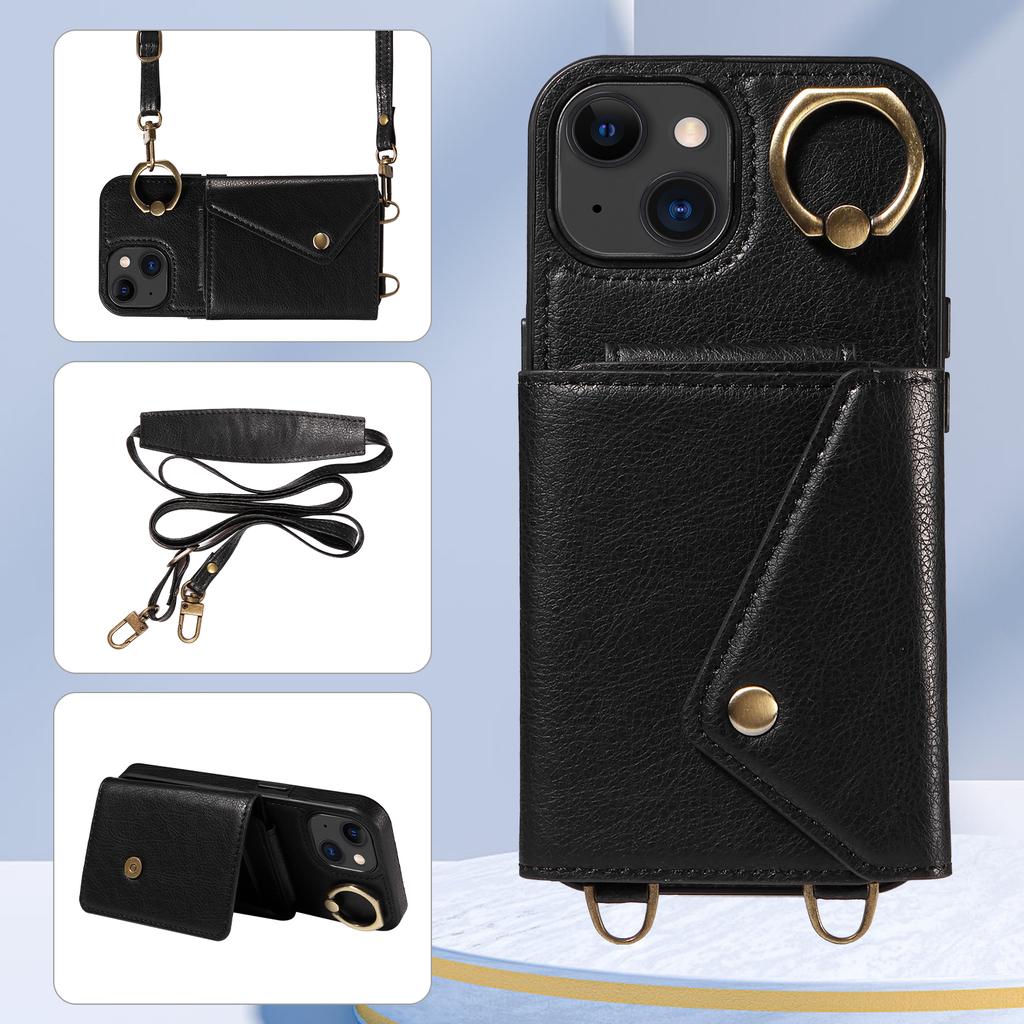 For iPhone 15 Series.for iPhone 15,15 Plus,15 Pro,15 Pro Max Shoulder Strap Rope Ring Bracket Design Card Holder Slots Lichee Pattern Cover Phone Case