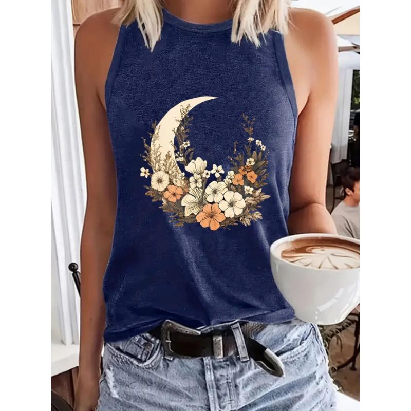 

Printed Women s Spring and Summer Top and Vest with Round Collars XXL темно-синий