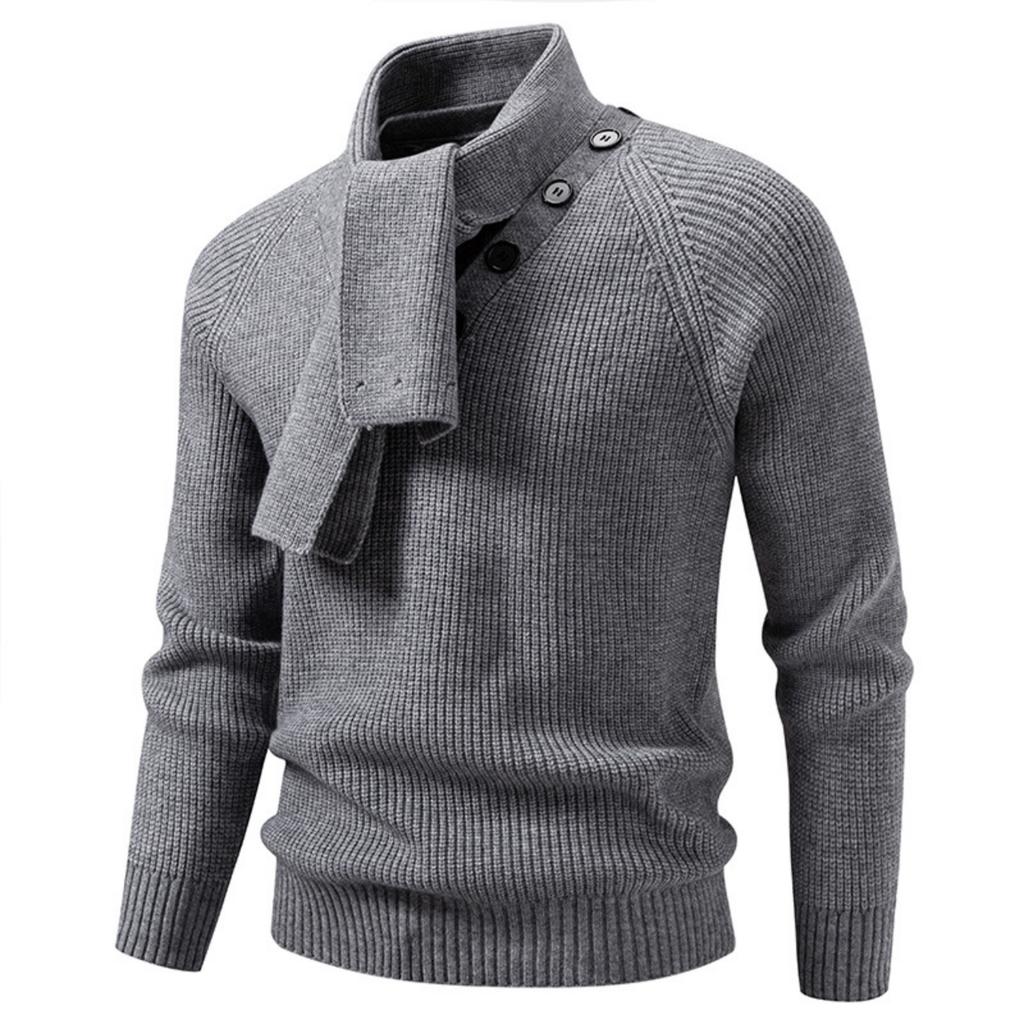 Men's Casual Solid-color Patchwork Style Long-sleeved High-neck Sweater, Men's Fitted Knitted Pullover, Scarf Collar Sweater
