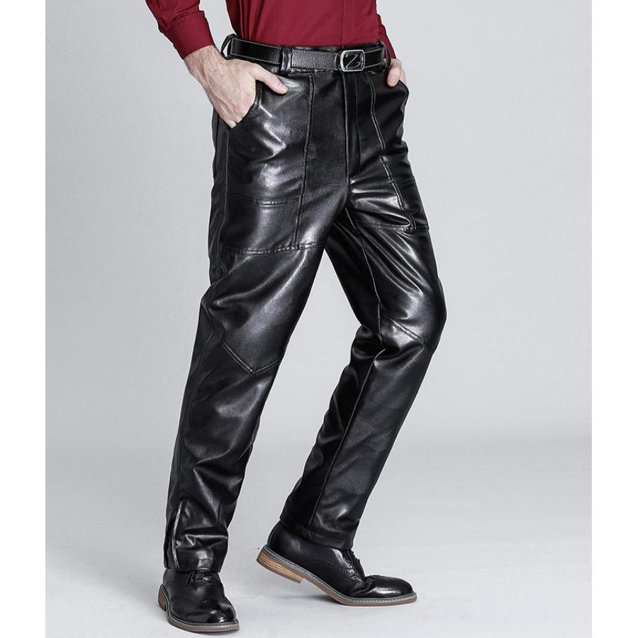 Winter Herren Lederhose Verdickte Taille und Knie Freizeithose