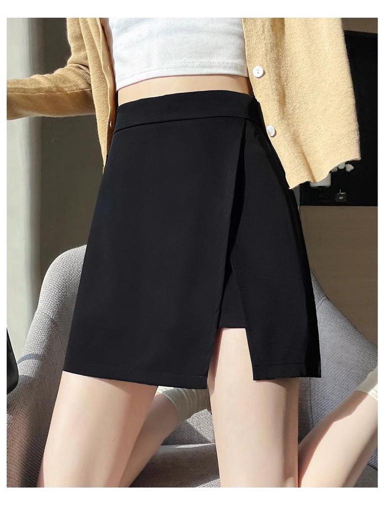 Women's High-Waist Black A-Line Midi Skirt with Irregular Slit - Summer 2024 Fashion