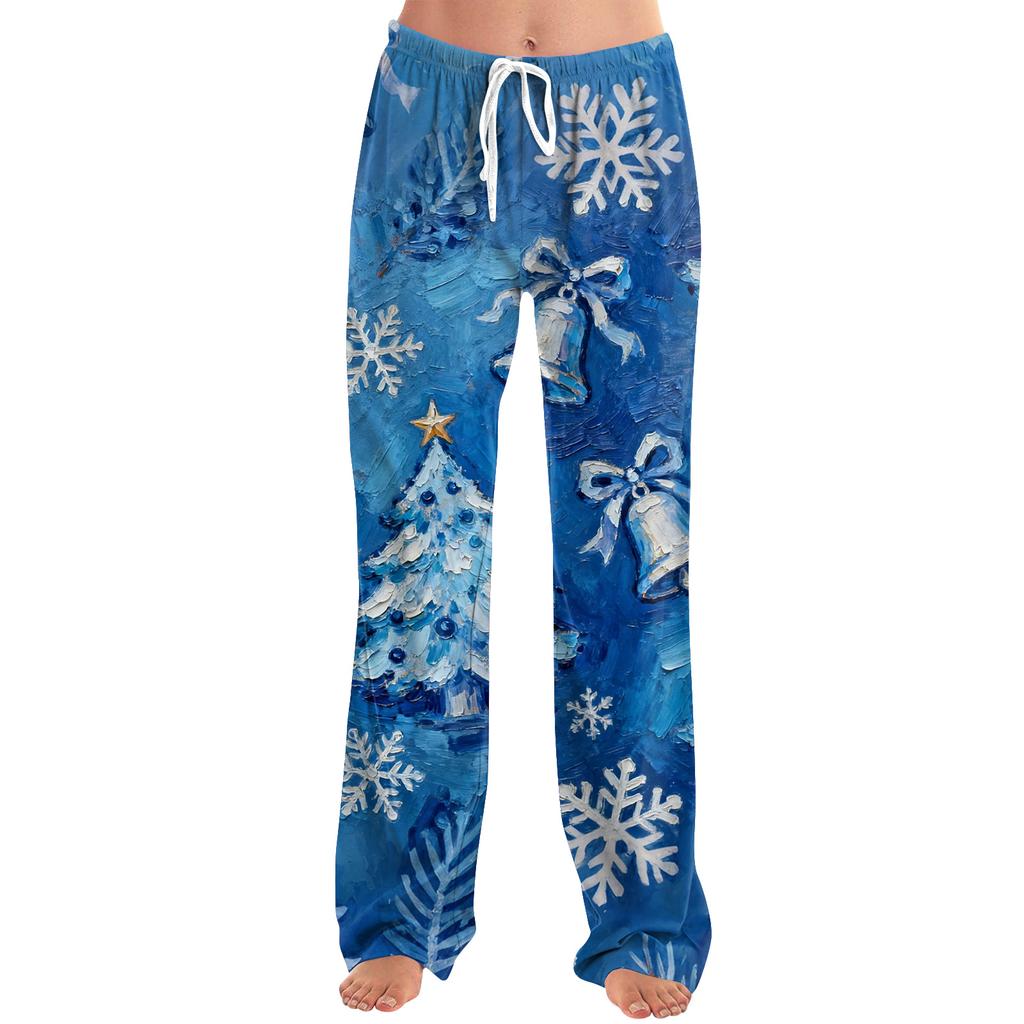 Ladies' Loose And Casual Christmas Printed Wide Leg Pants With Elastic Waistband Drawstring And Pocket Pants