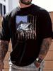 Men's Plus Size American Flag And Fish Graphic, Casual Soft Oversized Pure Cotton 220g Printed Black T-Shirt