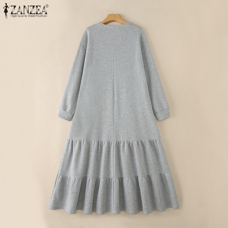 ZANZEA Kvinner Casual Rund Hals Løs Langermet Høst Vinter Lang Kjole