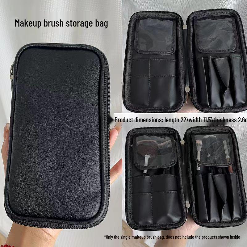 Black Waterproof Double Zipper Makeup Brush Storage Bag - Portable Multifunctional Organizer