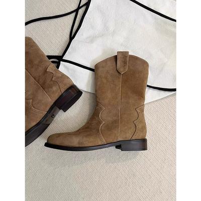 French Maillard Retro Brown Cowboy Boots Medium Boots 2025 Autumn and Winter New Matte Western Low Heel Short Boots Women