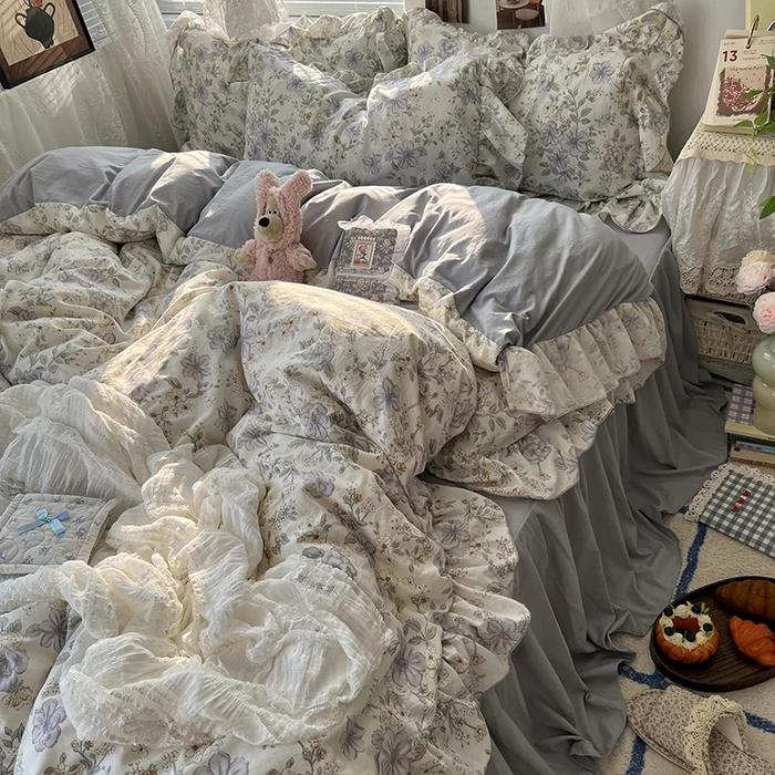 

Комплект постельного белья в корейском принцессном стиле с цветочным принтом и оборками, приятный к коже, мягкий, пододеяльник, простыня или юбка на кровать, наволочки 0.9m sheet 3pcs