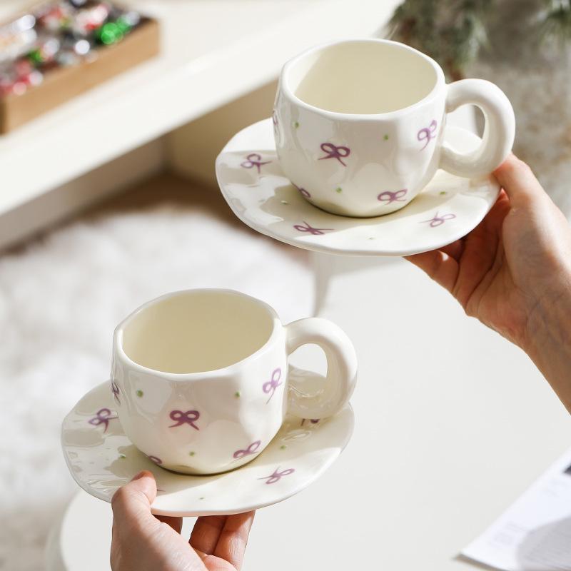 Embossed bow underglaze ceramic coffee cup and saucer set cute water cup with tray