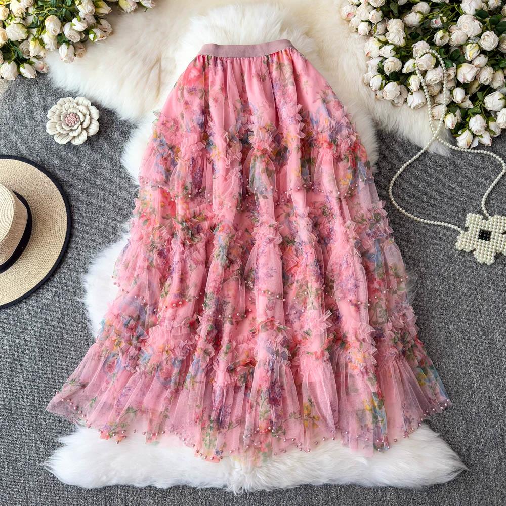 

Summer Women Skirts New Elastic Waist Pleated Mesh Elegant Skirts one size рожевий