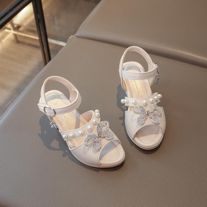 Girls' Pearl Bow High-Heel Sandals - Versatile and Fashionable Princess Shoes for Summer and Dance Performances