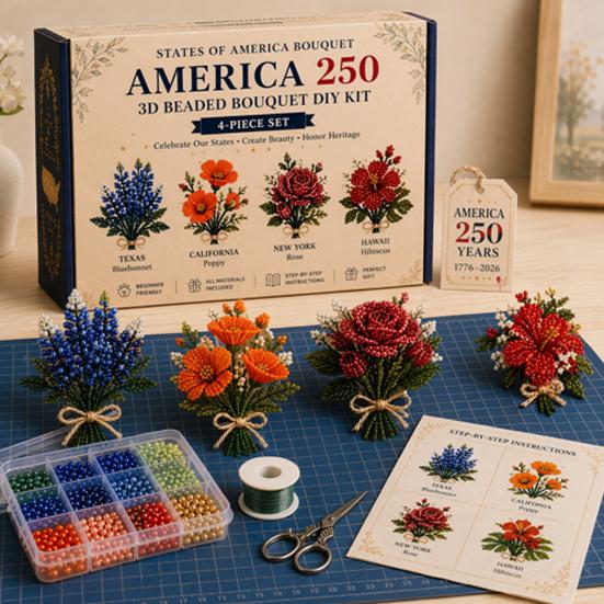 America 250 Beaded Bouquet DIY Kit, 4th of July Patriotic Flower Craft Handmade Set, 1776-2026 Independence Day 3D Beaded Flower Making