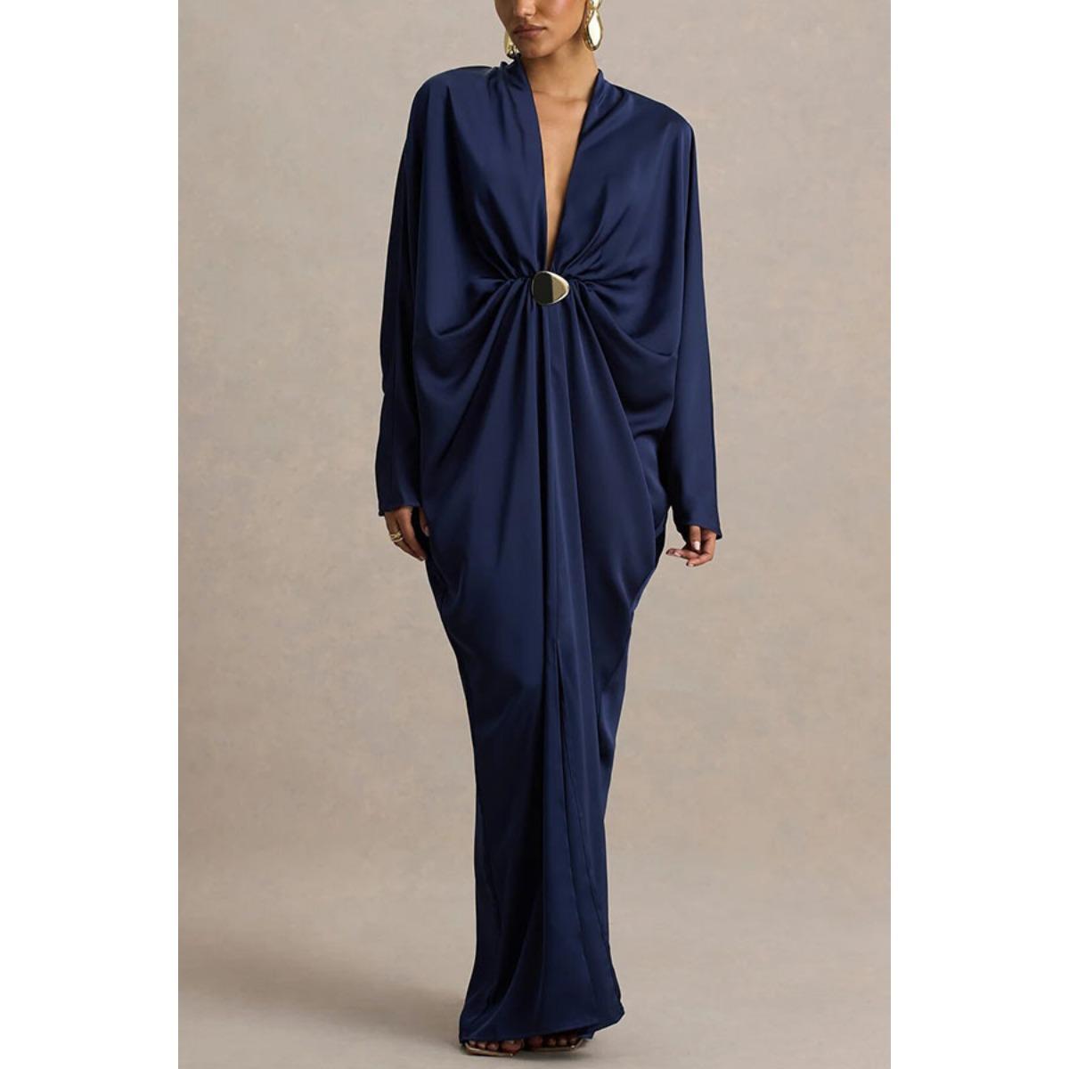 Women s Solid Deep V-Neck Batwing Sleeve Loose Slit Pleated Dress, Sexy Casual European American Style Fall Dress S темно-синий