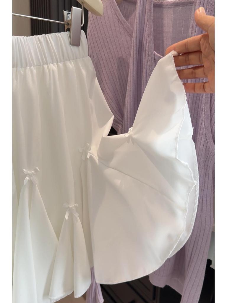 Petite Women's High-Waisted A-line Fluffy Skirt - Summer Ballet Style with Bow and White Flower Buds