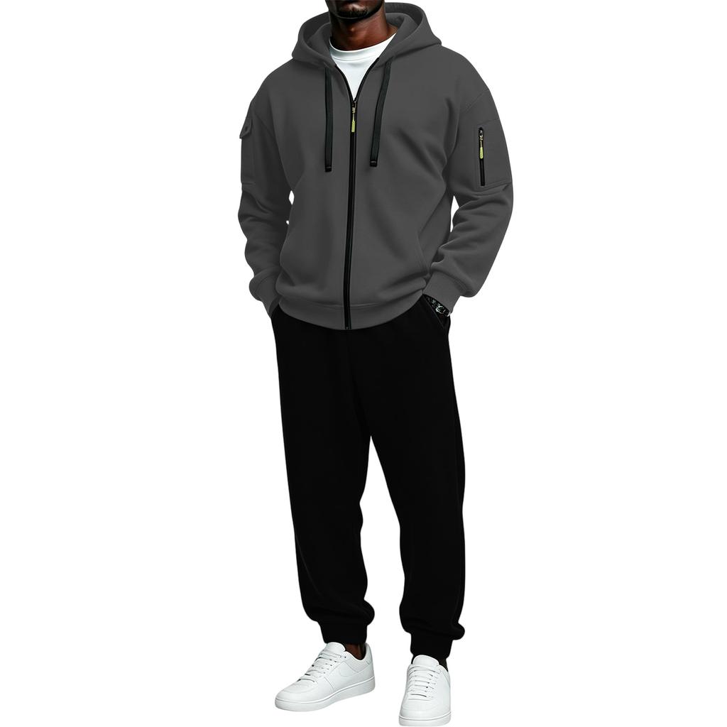 Men's Athletic Tracksuit Set with Full Zip Hoodie and Black Jogger Pants