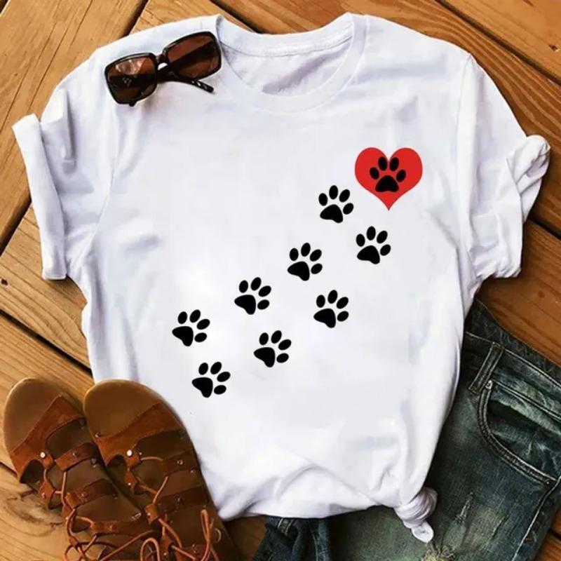 Women T Shirt Cartoon Tops Colorful Heart Dog Paw Print T-shirt Female Summer T-shirt 90s Girls Short Sleeve Tee Black T-shirts