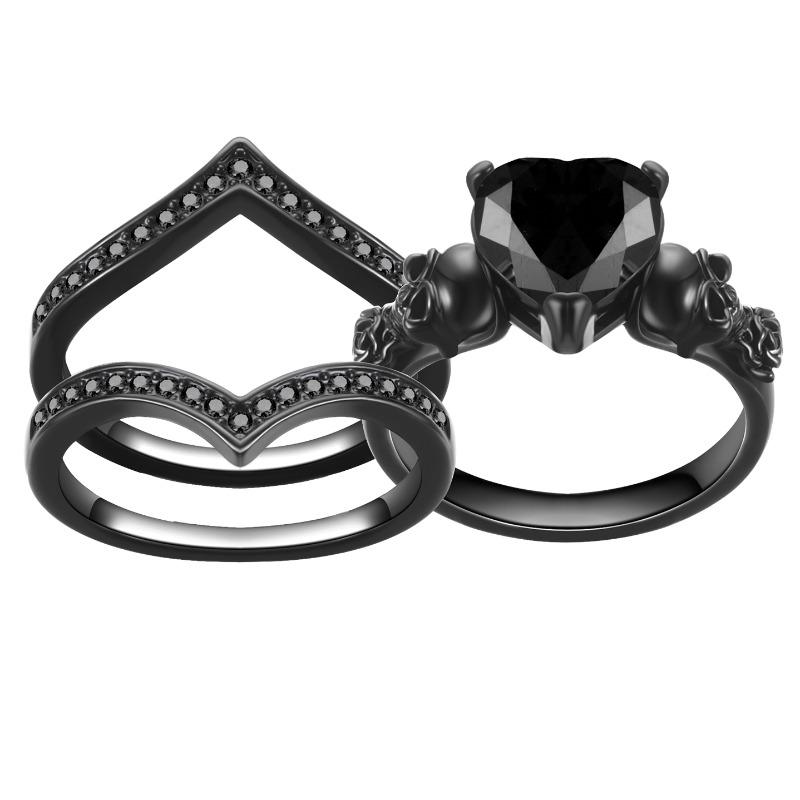 Gothic Black Rose Flower Skull Engagement Rings Set Red Purple Heart-shaped Zircon Crystal Wedding Anniversary Holiday Gift