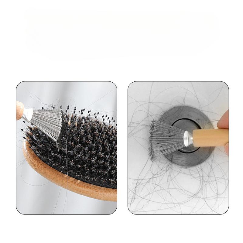 2 Stück Mini-Haar-Schmutzentferner-Bürste mit Metall-Drahtrechen, Holzgriff für den Heim- und Salongebrauch(Griff mit Rille)