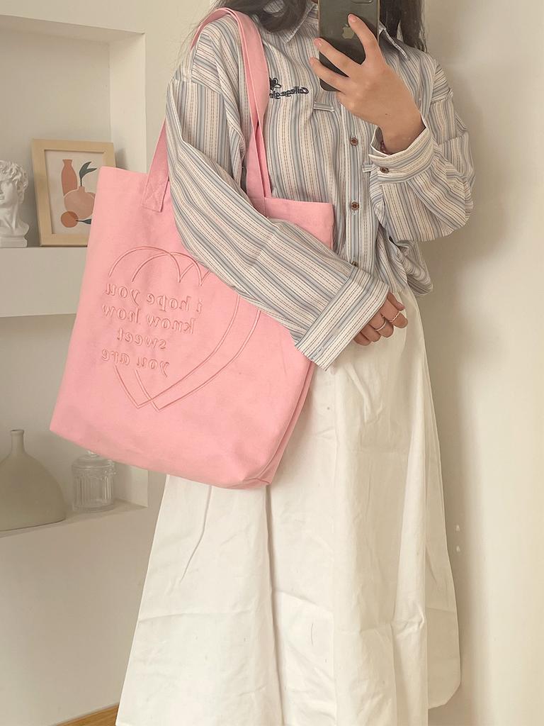 Korean Ins Style Canvas Bag Heart Embroidery Large Capacity Tote Bag For School And Commute Women's Shoulder Bag