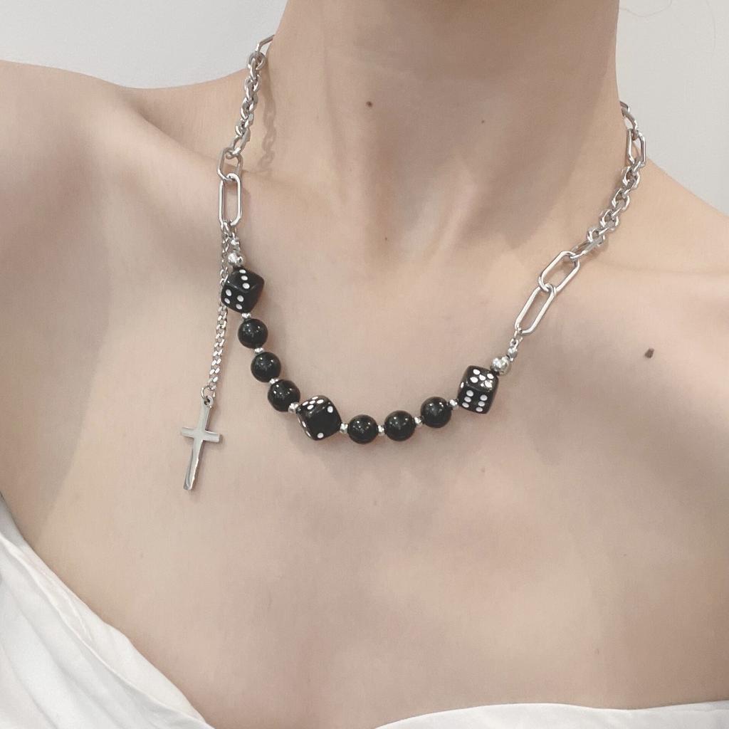 New Dice Cross Tassel Splicing Necklace Titanium Steel Hip Hop Cool Style Accessories Trendy Jewelry Pendant for Women