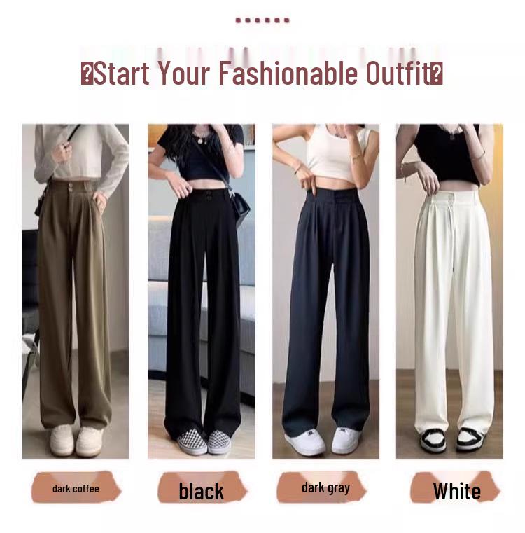 Women's High-End Black Drapey Straight-Leg Wide Suit Pants - Slimming, Casual Fit for Spring/Summer, Ideal for Pear-Shaped Bodies.