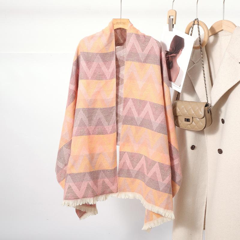 New Autumn and Winter Imitation Cashmere Colorful Wavy Plaid Scarf for Women Korean Version Sweet Warm Windproof Thick Scarf