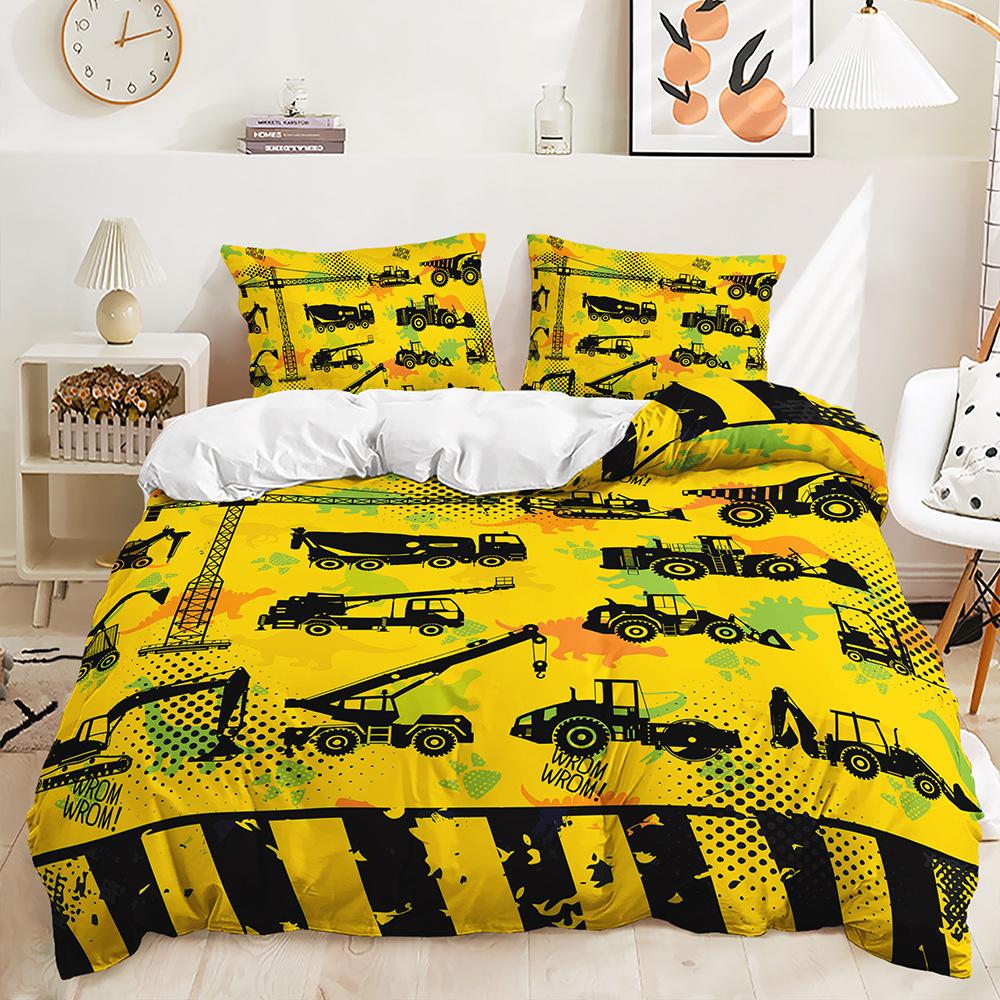 Three-Piece Construction Site Truck Decorative Quilt Cover Digital Printing Kit Bedding
