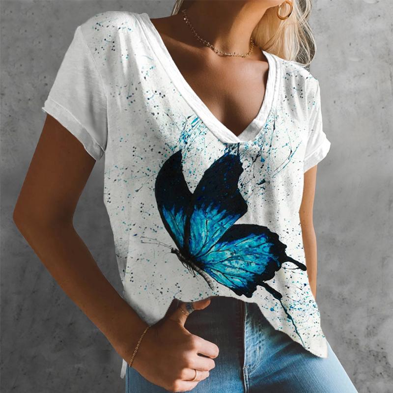 Womens T Shirt Ladies Summer Casual Loose V-Neck Short Sleeve Top T-Shirt