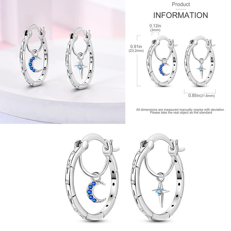 Sparkling Women Hoop Earrings 925 copper Heart Shape Star Moon Round Blue Zircon Fit Origina Drop Earrings Zircon Holiday gifts