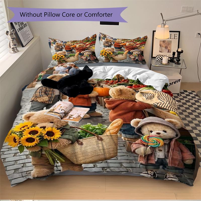 

3pcs Anime Teddy Bear Bedding Set - Includes One Quilt Cover and Two Pillowcases (No Core) - Perfect for Bedroom and Guest Room Decoration, 135x200cm