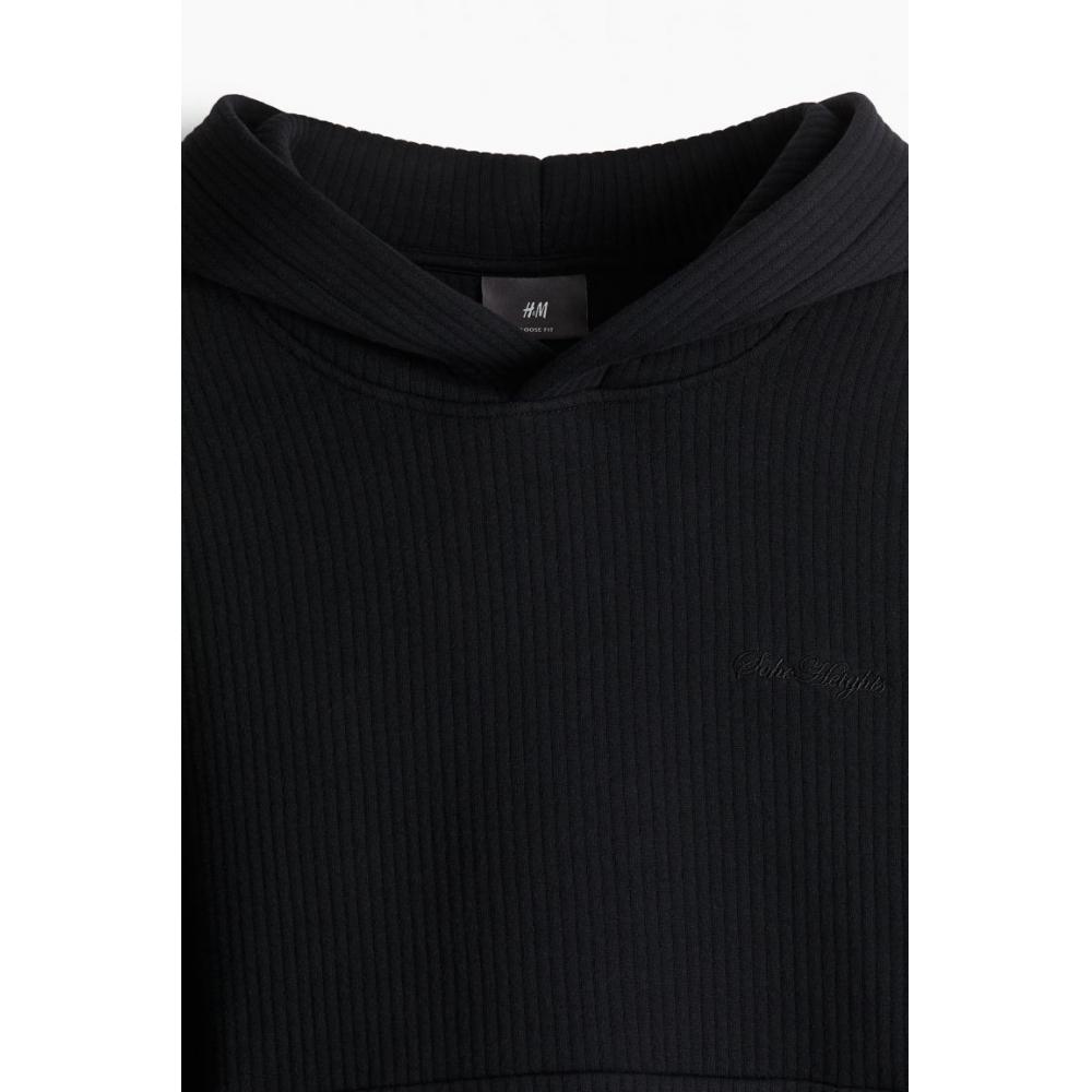 H M Ribbed Hoodie Loose Fit Black