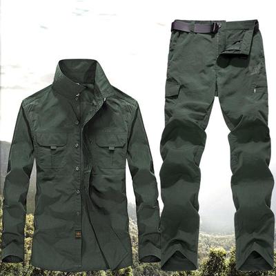 Spring and Autumn Plus Size Men's Button Quick Dry Jacket + Comfortable Trousers Outdoor Mountaineering Clothing Sportswear Workwear Two Piece Set