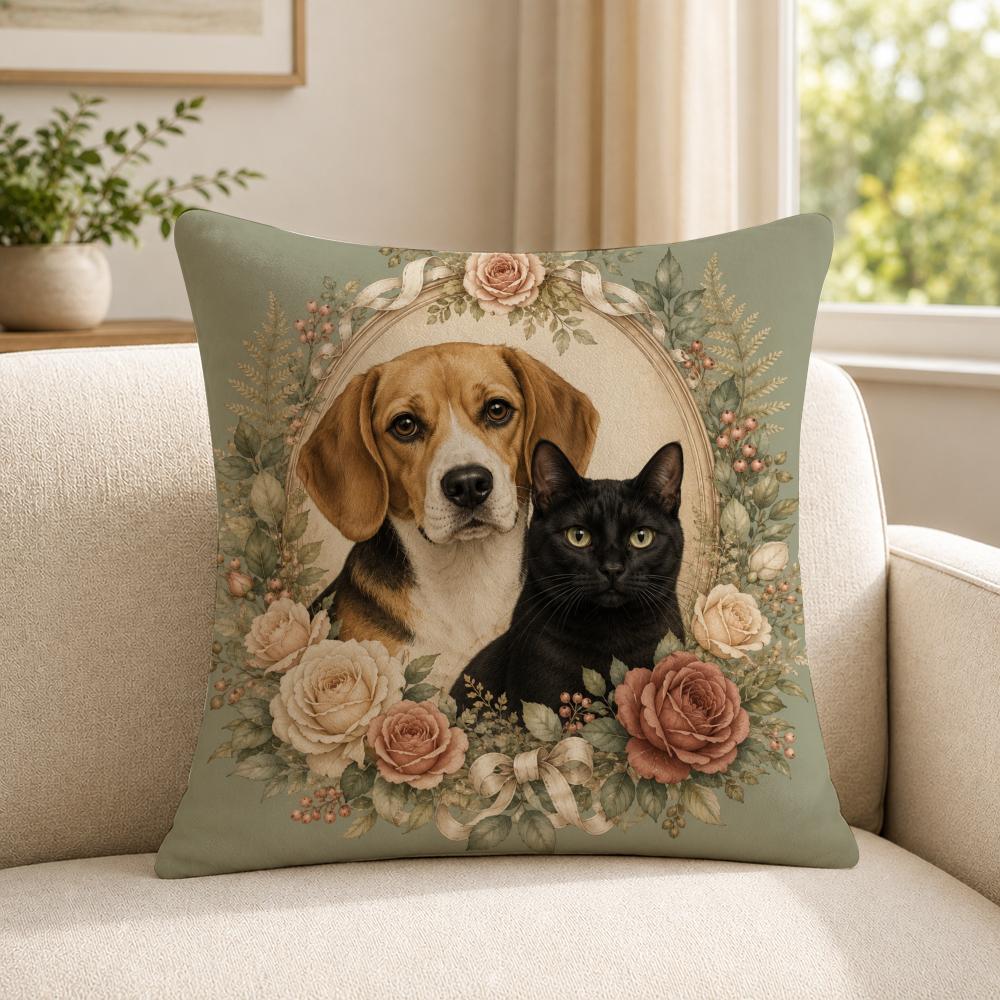 art heartwarming pet portraits surrounded by flowers Cushion Cover Soft Short Plush SkinFriendly Cushion Case MultiScene Use