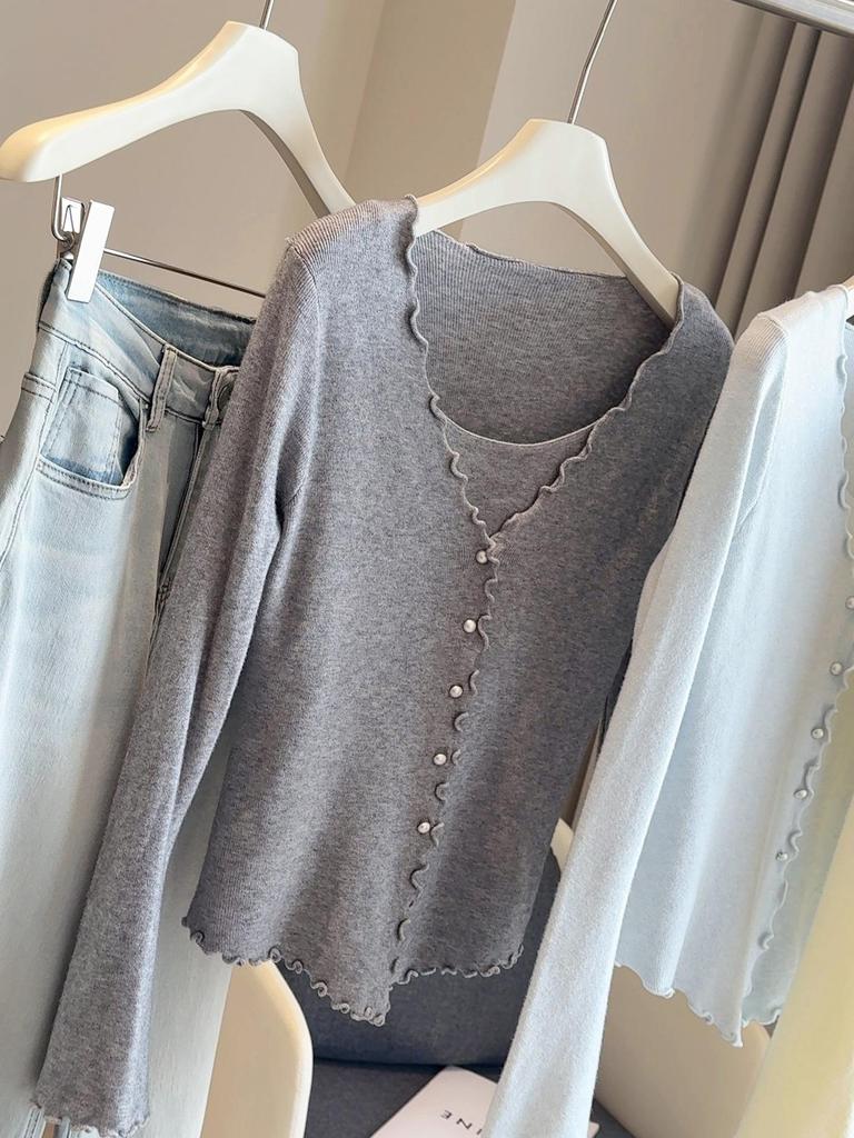 Koreanischer Stil Zweiteiliges Wollstrick-Camisole: Damen Schlankmachendes Langarm-Top für Herbst/Frühling