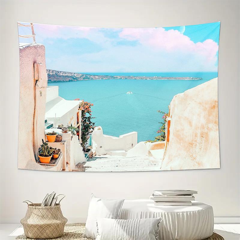 Mediterranean Wall Tapestry Ocean View Greek Island Decor Coastal Home Decor Aesthetic Room Hanging Vintage Wall Art Bedroom Liv