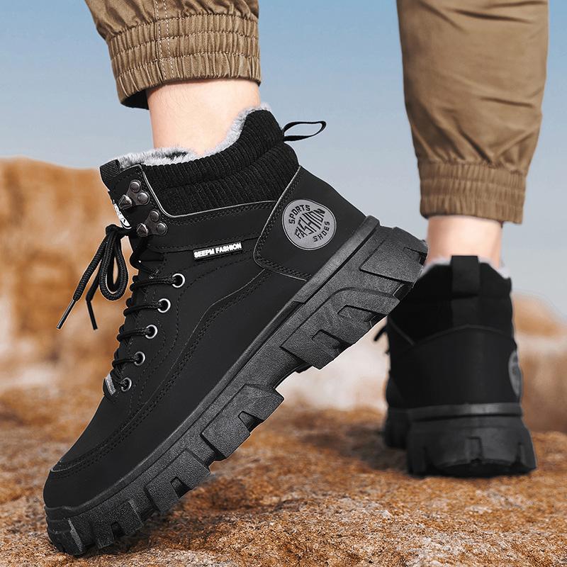 Boots for Men Versatile Winter High Top High-quality British Brand Short Boots with Anti Slip Thick Sole Warm Plush Cotton Shoes