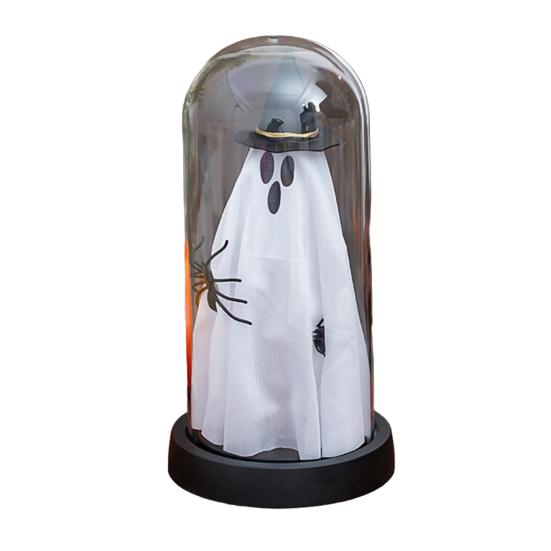 Halloween Indoor Ghost Decoration Light Up Ghost in Glass Cloche with Wood Base Cute Ghost Night Light for Home Kitchen Mantel Shelf Fireplace Decor