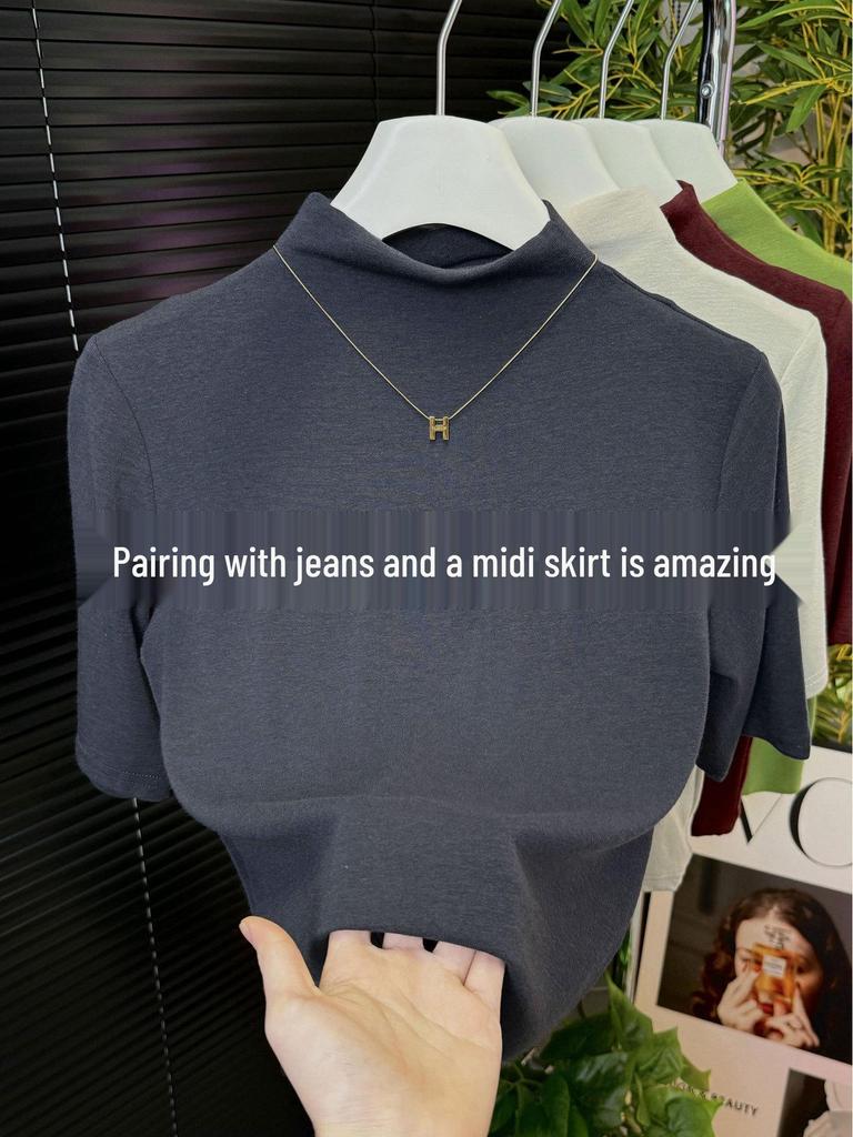 Women's Black Ribbed Three-Quarter Sleeve Slim-Fit Half-High Neck T-Shirt for Spring/Autumn 2025